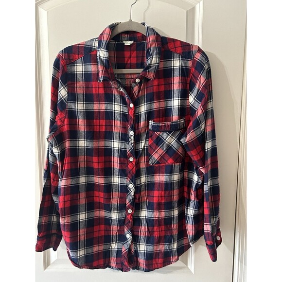 Aerie Women’s Size Large Red Navy Plaid Flannel Shirt Plaid Button Up - Picture 2 of 6